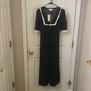 RIHOAS navy Dress with White Dots -peasant style with tie in back to cinch waste